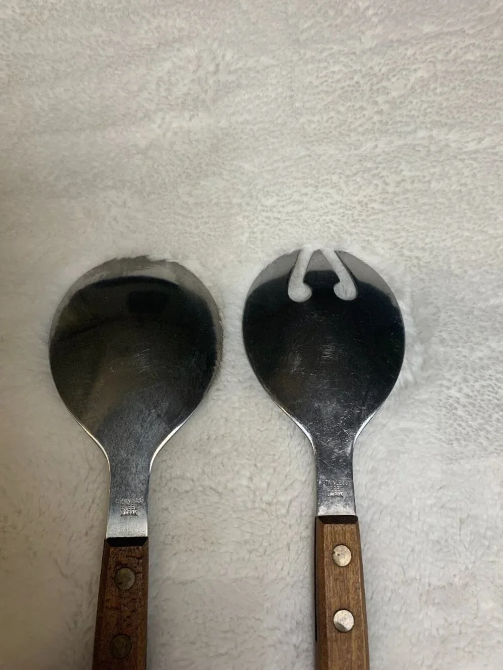 Vintage MCM ~13” Stainless Wood Handle SALAD SERVING SET Spoon & Fork JAPAN